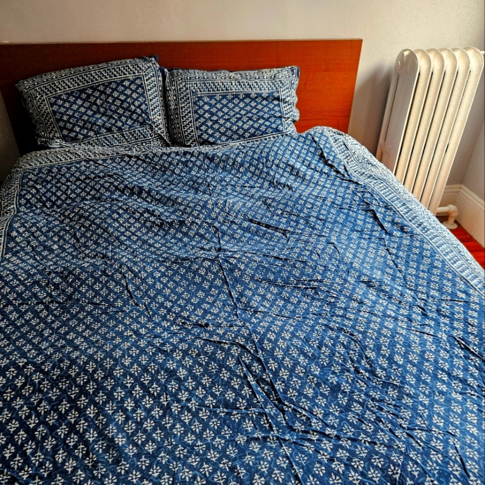 Block print bedspread and pillowcases